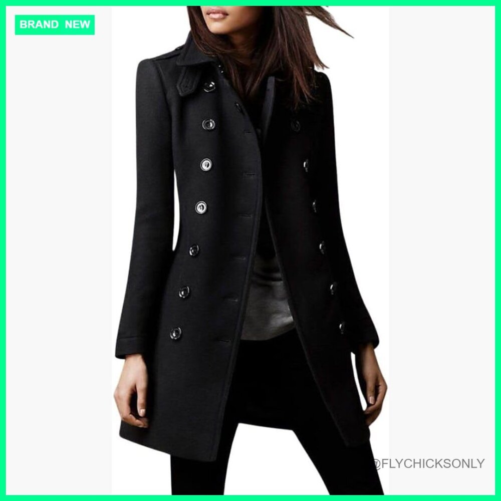 Women's Wool Blend Pea Coat Double Breasted Winter Trench